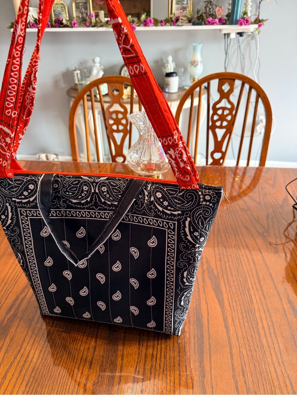 Black Paisley Bandana Tote with orange Strap